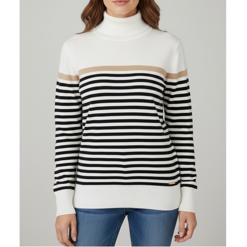 Tommy Hilfiger Turtleneck Sweater Large Striped Metallic White Gold Coastal Prep